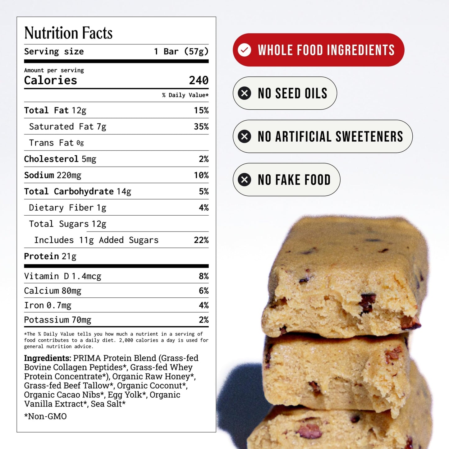PRIMA Cookie Dough Protein Bar | 21g Grass Fed Whey and Collagen | No Seed Oils, No Preservatives, Raw Honey Sweetened | 7 Pack - dailyvitalstore
