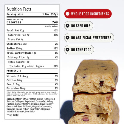 PRIMA Cookie Dough Protein Bar | 21g Grass Fed Whey and Collagen | No Seed Oils, No Preservatives, Raw Honey Sweetened | 7 Pack - dailyvitalstore