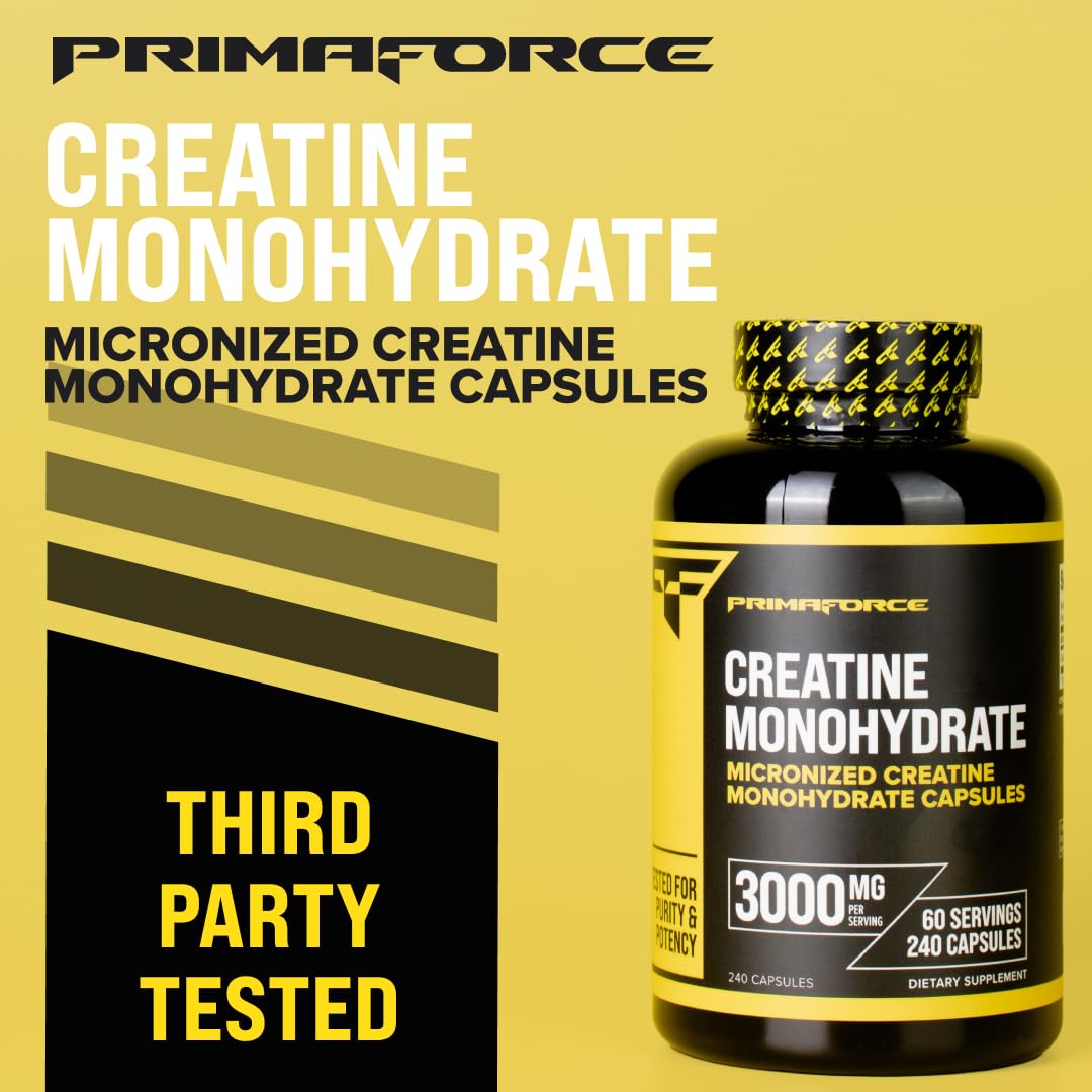 Primaforce Creatine Monohydrate Capsules - 240 Capsules, 3,000mg per Serving, Gluten Free and Non-GMO - dailyvitalstore