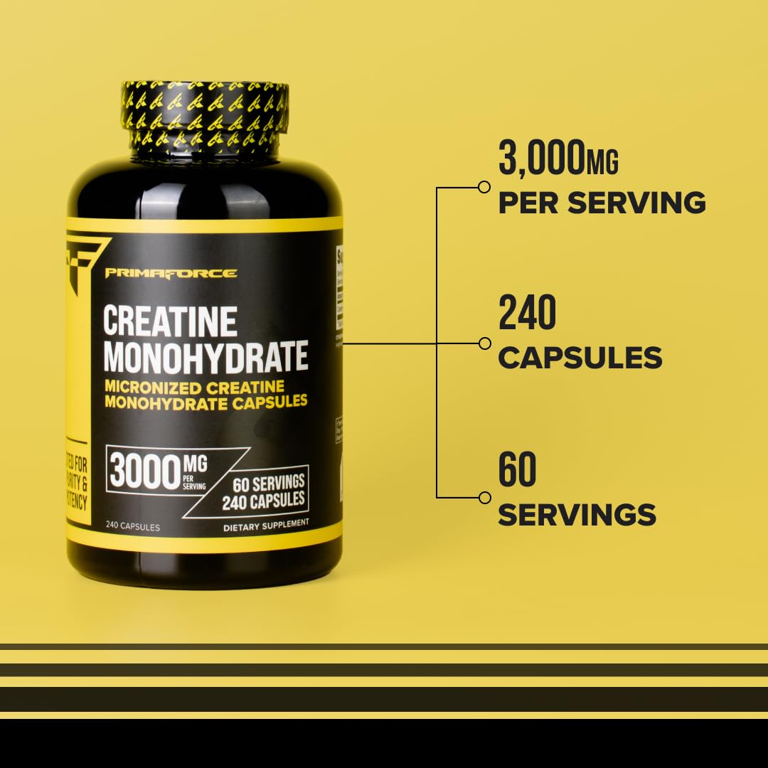 Primaforce Creatine Monohydrate Capsules - 240 Capsules, 3,000mg per Serving, Gluten Free and Non-GMO - dailyvitalstore