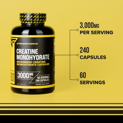 Primaforce Creatine Monohydrate Capsules - 240 Capsules, 3,000mg per Serving, Gluten Free and Non-GMO - dailyvitalstore