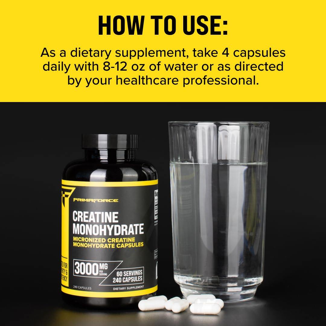 Primaforce Creatine Monohydrate Capsules - 240 Capsules, 3,000mg per Serving, Gluten Free and Non-GMO - dailyvitalstore