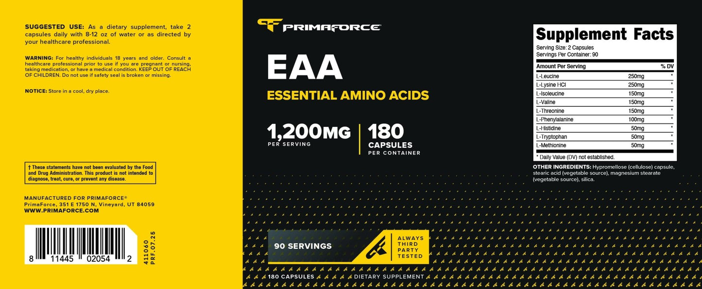 Primaforce EAA Capsules 1200mg, 180 Capsules, 90 Servings - Essential Amino Acids - Non-GMO, Gluten Free & Vegitarian Friendly - dailyvitalstore