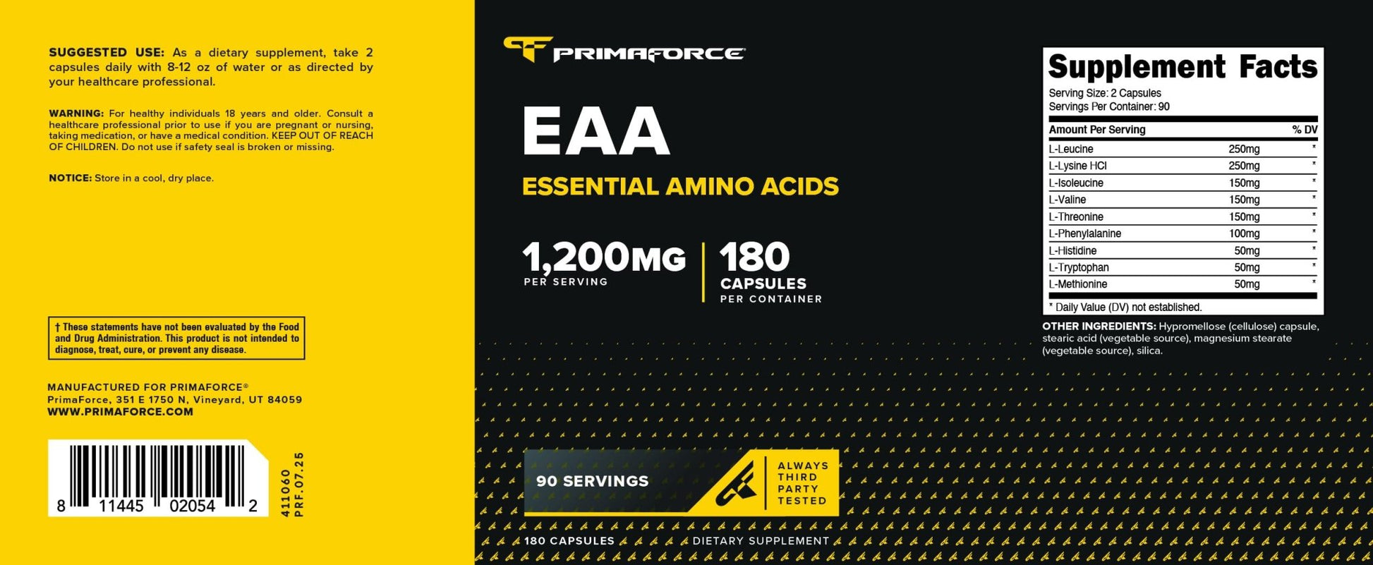 Primaforce EAA Capsules 1200mg, 180 Capsules, 90 Servings - Essential Amino Acids - Non-GMO, Gluten Free & Vegitarian Friendly - dailyvitalstore