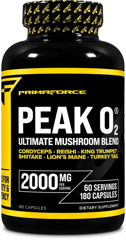 Primaforce Peak O2 Performance Mushroom Powered Oxygen Absorption Booster (180 Capsules) (2,000 mg Per Serving, 60 Servings) - Athletic Performance Supplement, Ultimate Mushroom Blend - dailyvitalstore