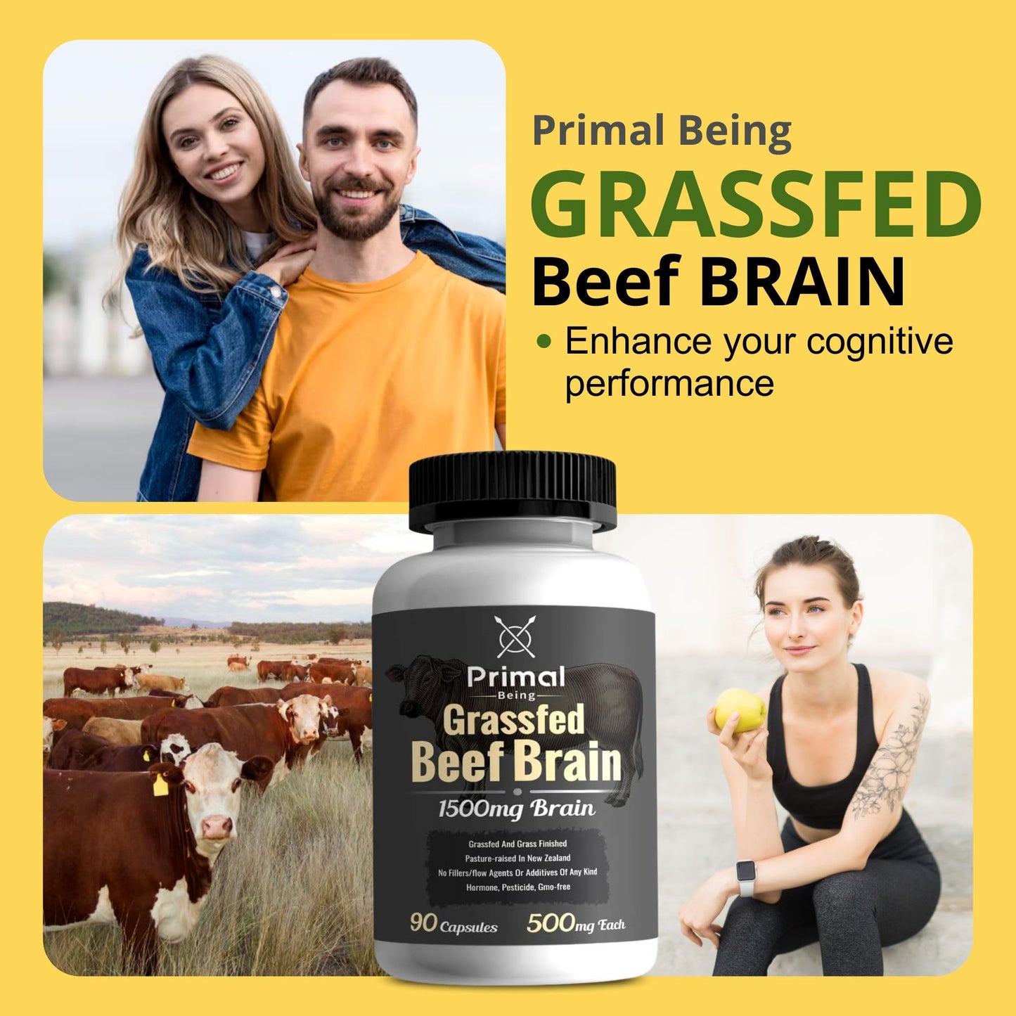 Primal Being Grassfed Beef Brain, Supports Memory, Mood, Focus, Energy, Cognitive Health - 90 Capsules, 1500mg per Serving - dailyvitalstore