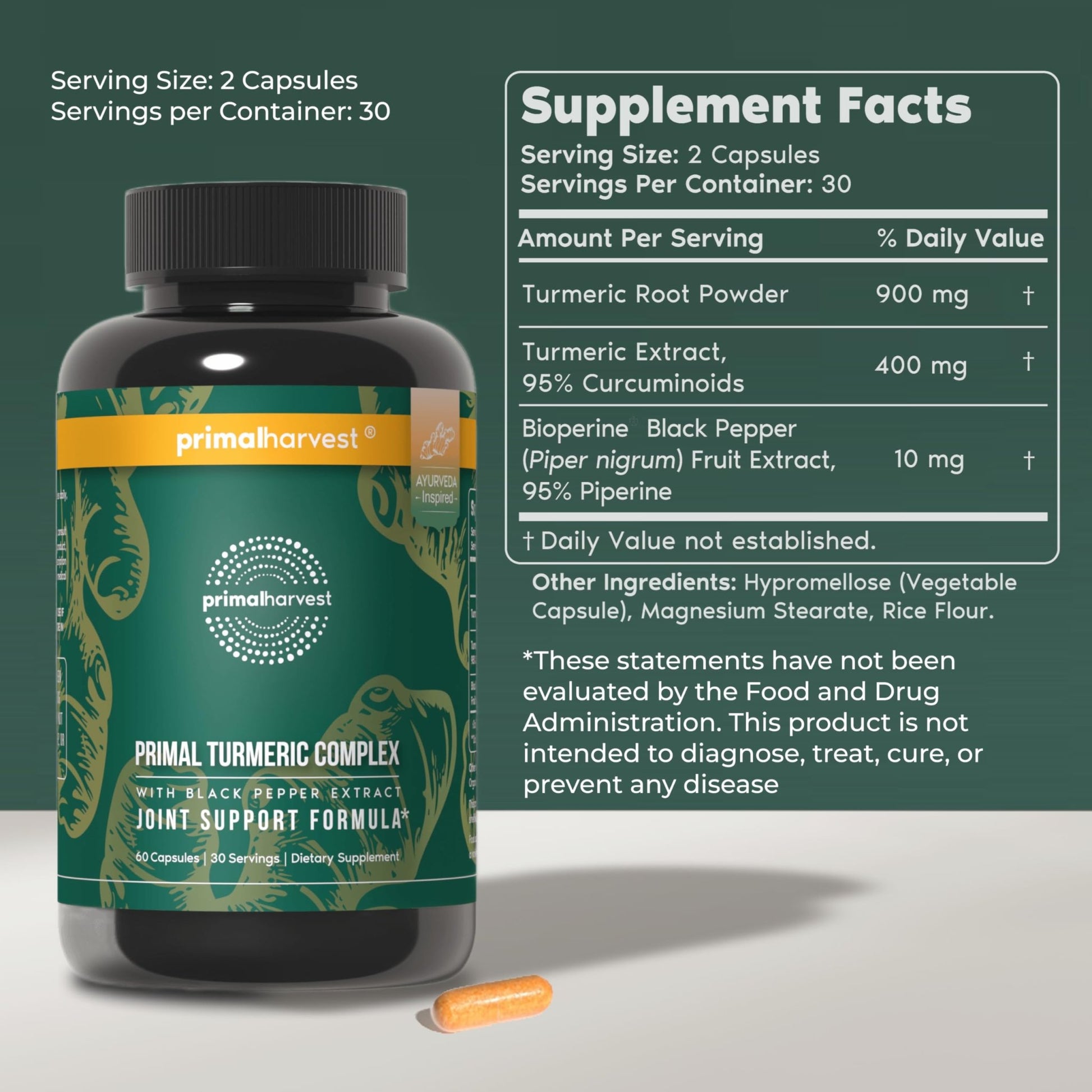 Primal Harvest 1 Pack, Primal Turmeric Complex w/Black Pepper Extract, Joint and Mobility Support Turmeric Supplement for Women & Men, 60 Capsules - dailyvitalstore
