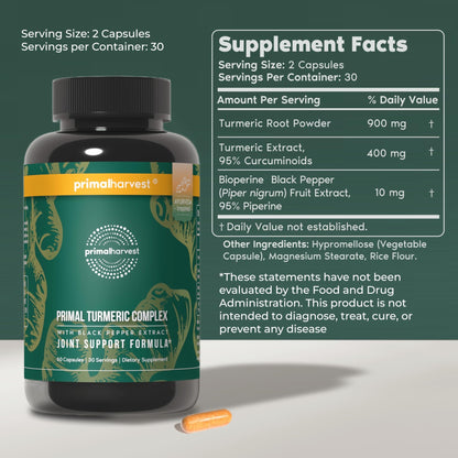 Primal Harvest 1 Pack, Primal Turmeric Complex w/Black Pepper Extract, Joint and Mobility Support Turmeric Supplement for Women & Men, 60 Capsules - dailyvitalstore