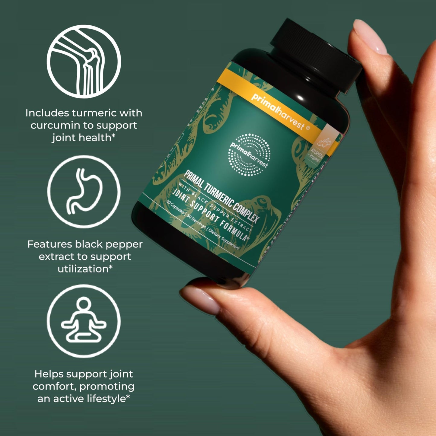 Primal Harvest 1 Pack, Primal Turmeric Complex w/Black Pepper Extract, Joint and Mobility Support Turmeric Supplement for Women & Men, 60 Capsules - dailyvitalstore