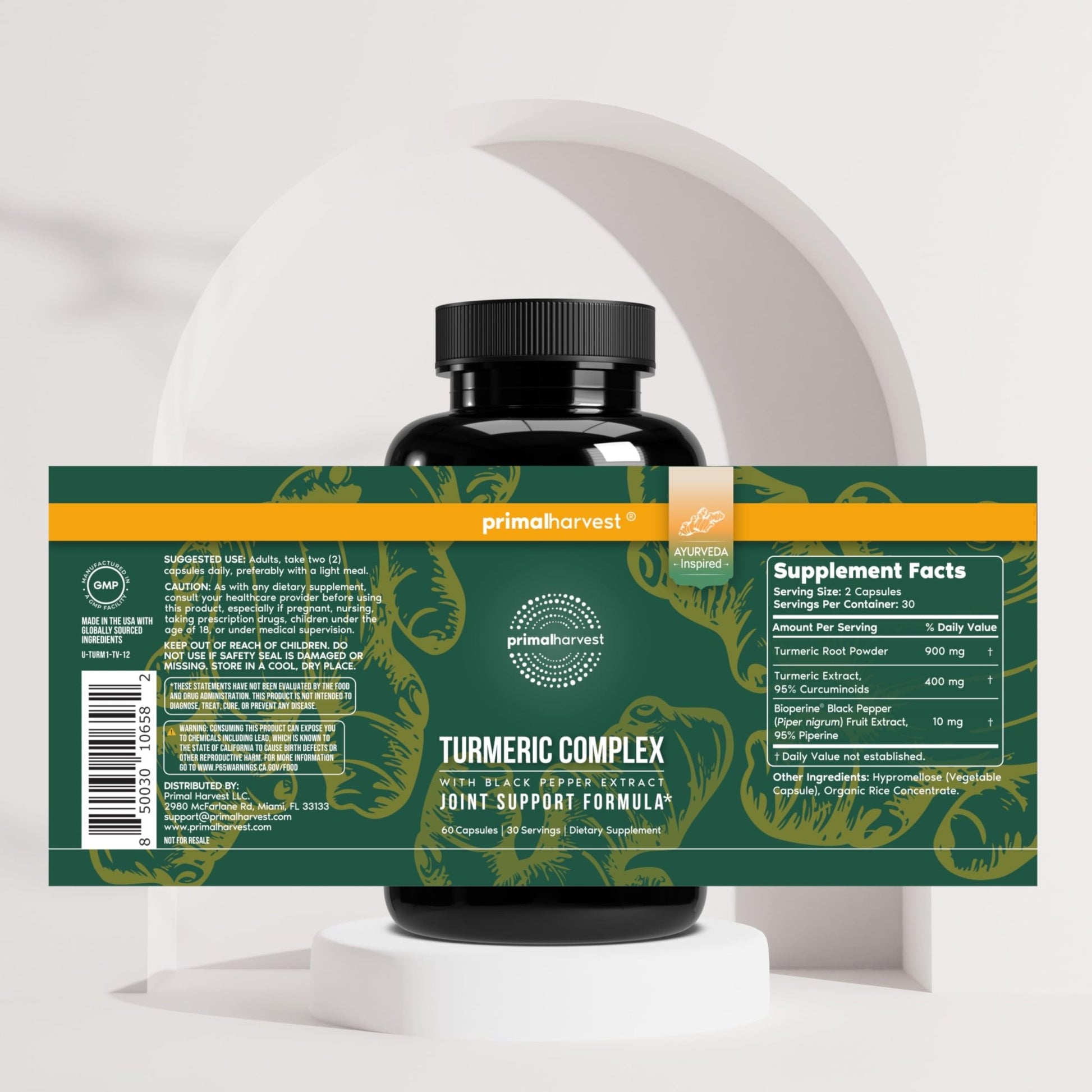 Primal Harvest 1 Pack, Primal Turmeric Complex w/Black Pepper Extract, Joint and Mobility Support Turmeric Supplement for Women & Men, 60 Capsules - dailyvitalstore