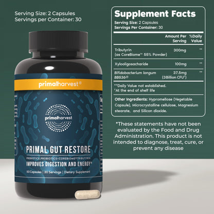 Primal Harvest 2 Pack, Restore for Gut Health, Primal Gut Restore w/POSTbiotics, PREbiotics and PRObiotics for Women and Men, 60 CT - Digestion, - dailyvitalstore