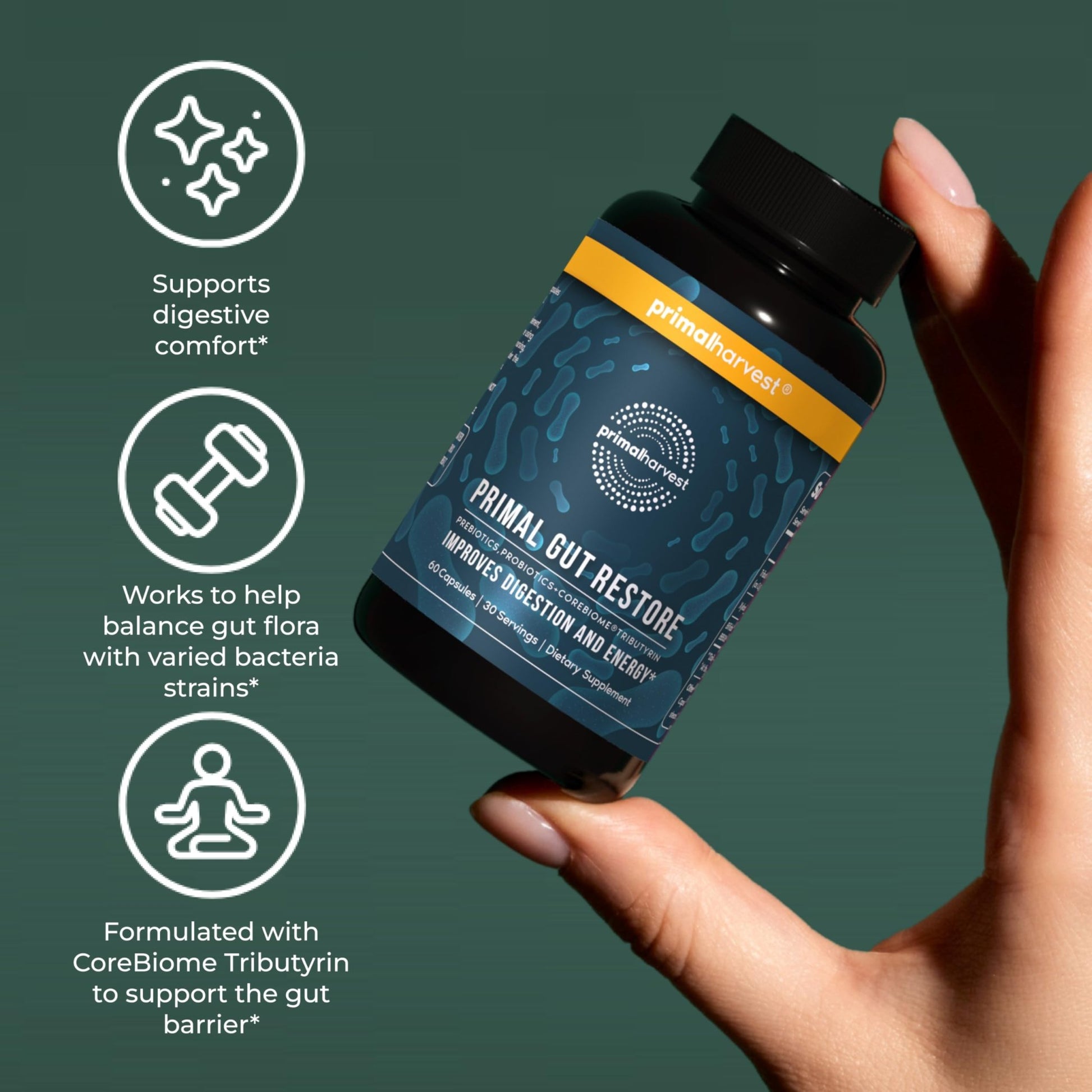 Primal Harvest 2 Pack, Restore for Gut Health, Primal Gut Restore w/POSTbiotics, PREbiotics and PRObiotics for Women and Men, 60 CT - Digestion, - dailyvitalstore