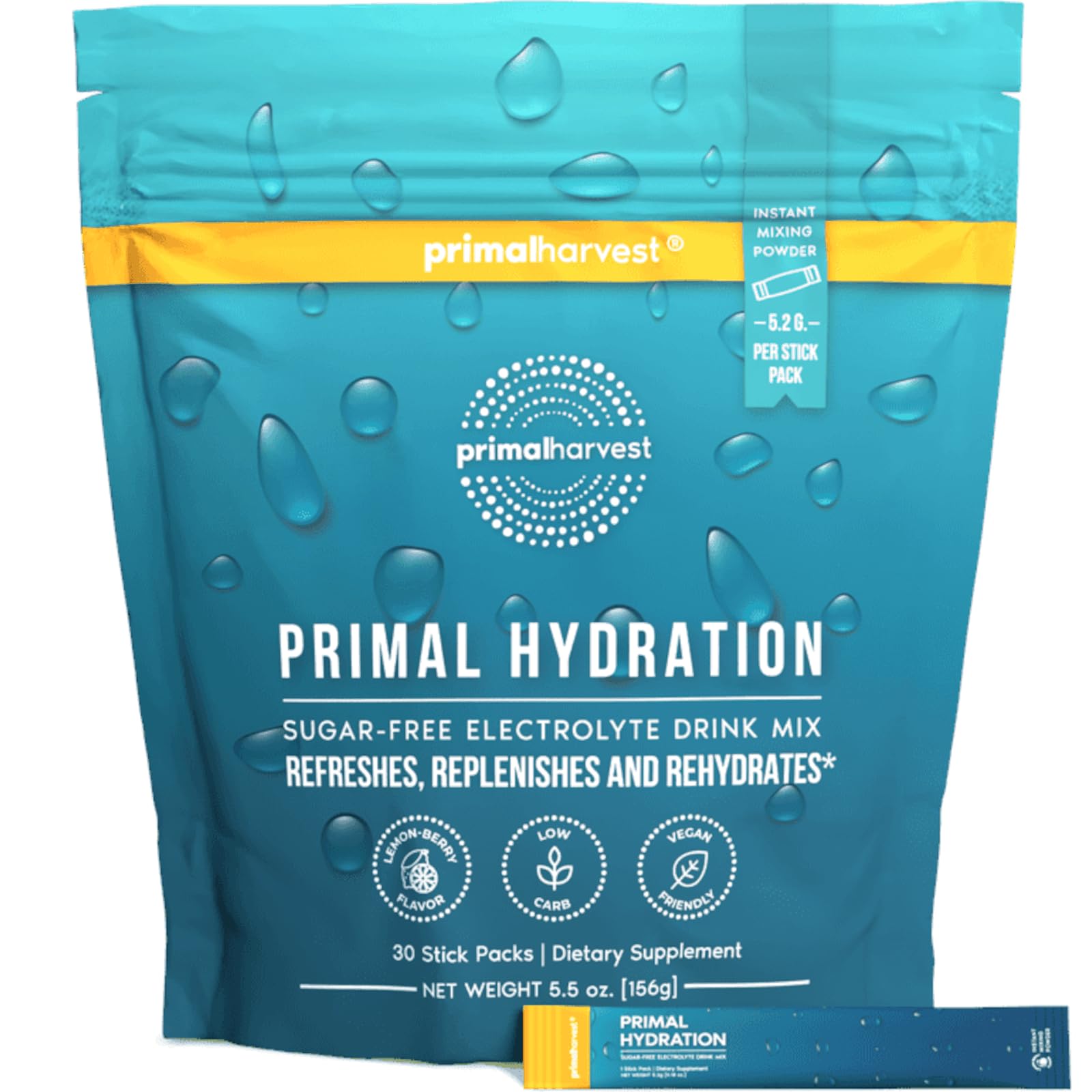 Primal Harvest Electrolytes Powder Packets Primal Hydration, Easy Open Packets, Energy Drink Mix (Lemon Berry, 30 Packs) (1 Bag) - dailyvitalstore