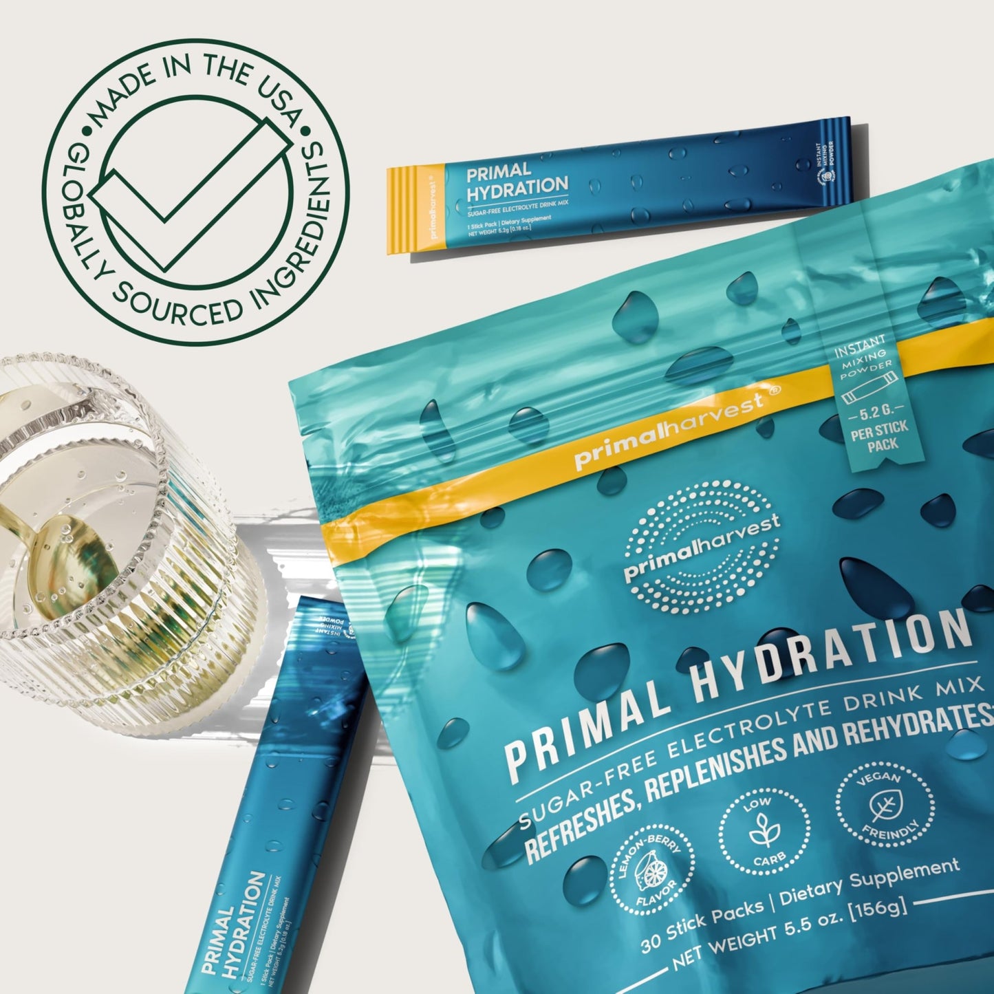 Primal Harvest Electrolytes Powder Packets Primal Hydration, Easy Open Packets, Energy Drink Mix (Lemon Berry, 30 Packs) (1 Bag) - dailyvitalstore