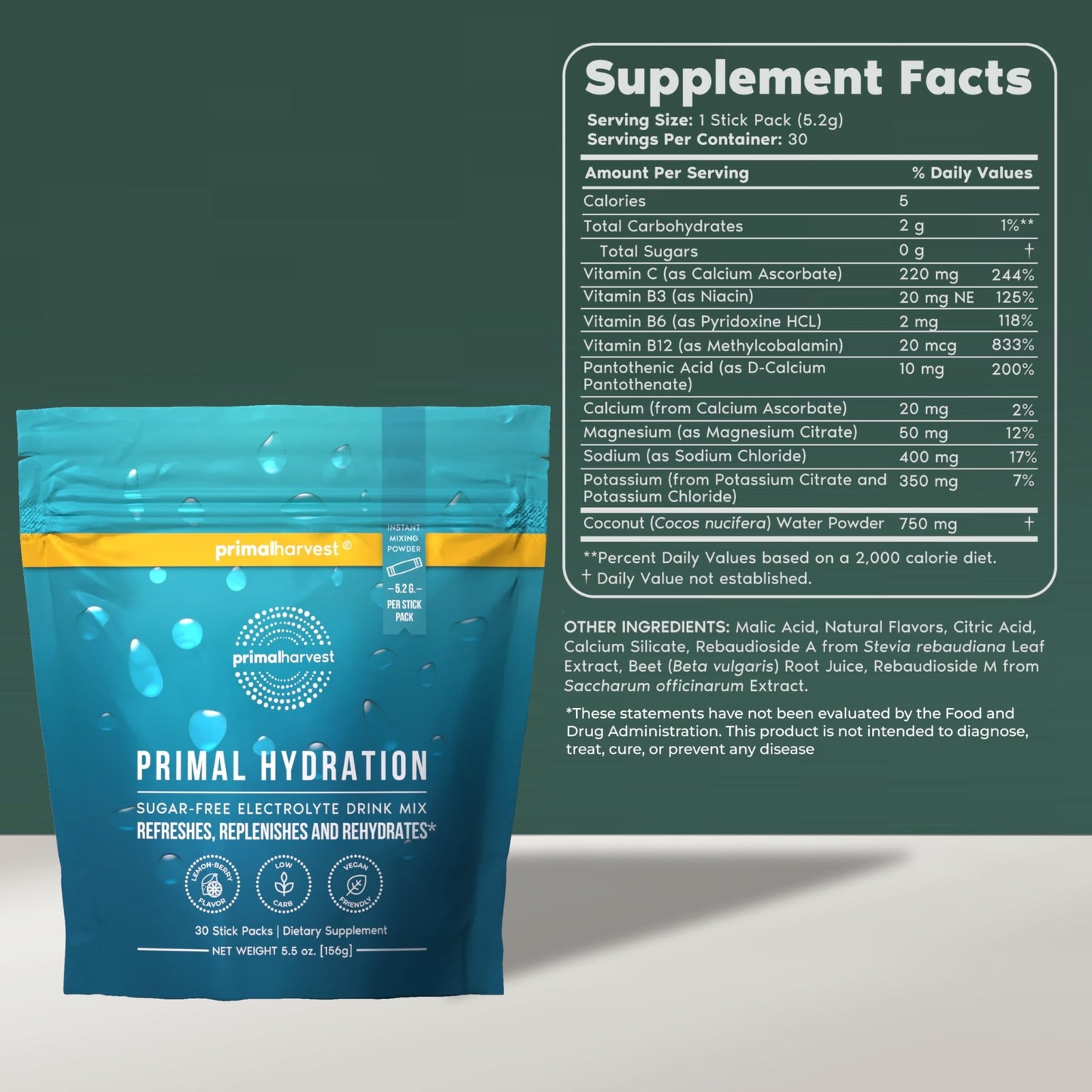 Primal Harvest Electrolytes Powder Packets Primal Hydration, Easy Open Packets, Energy Drink Mix (Lemon Berry, 30 Packs) (1 Bag) - dailyvitalstore