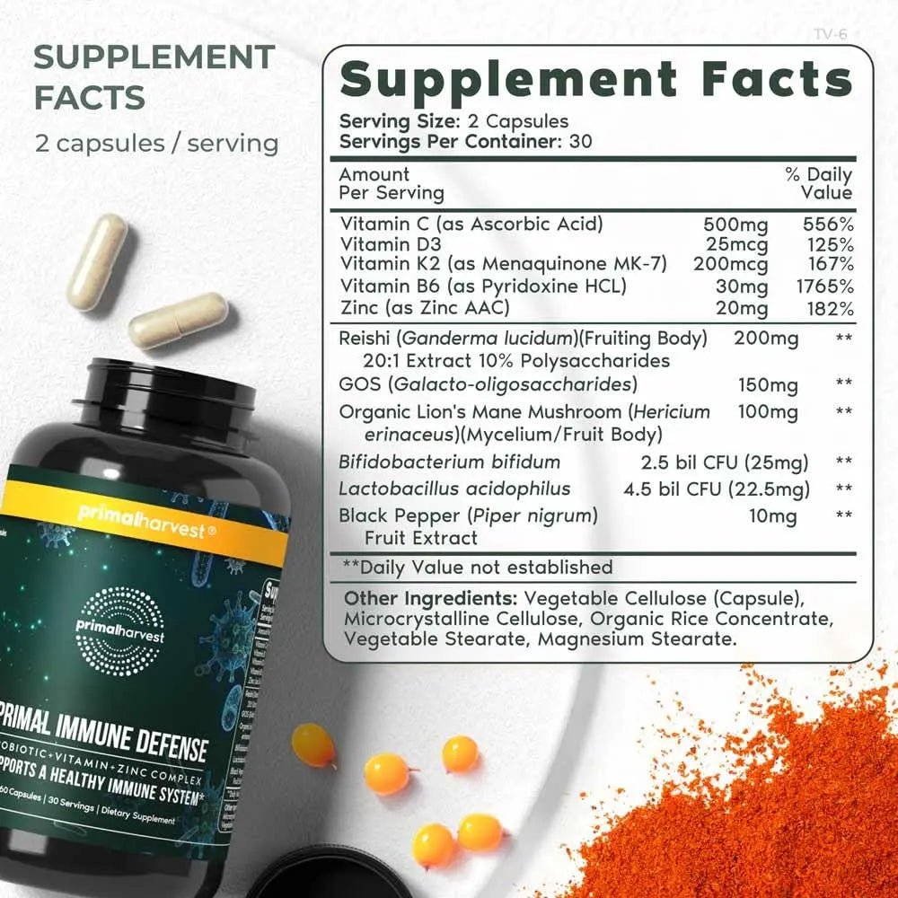 Primal Harvest Immune Defense 10-in-1 Supplement with Probiotics, Zinc, and Vitamins C, D3, K2, B6 Daily Immune Support for Adults - dailyvitalstore