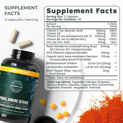 Primal Harvest Immune Defense 10-in-1 Supplement with Probiotics, Zinc, and Vitamins C, D3, K2, B6 Daily Immune Support for Adults - dailyvitalstore