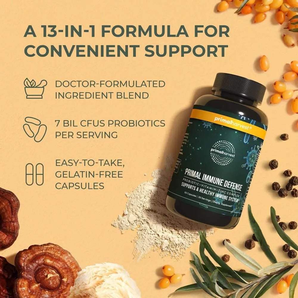 Primal Harvest Immune Defense 10-in-1 Supplement with Probiotics, Zinc, and Vitamins C, D3, K2, B6 Daily Immune Support for Adults - dailyvitalstore