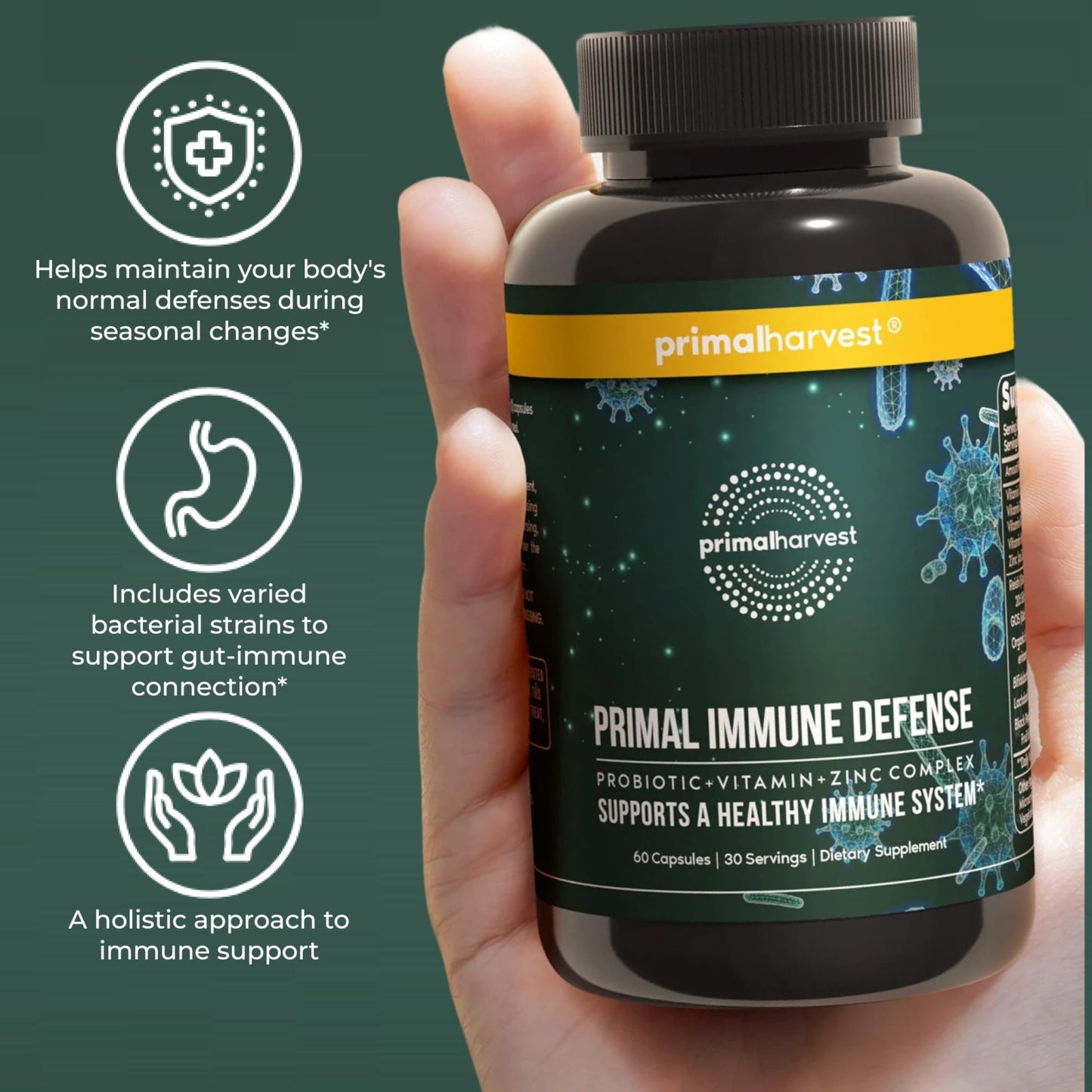 Primal Harvest Immune Defense 10-in-1 Supplement with Probiotics, Zinc, and Vitamins C, D3, K2, B6 Daily Immune Support for Adults - dailyvitalstore