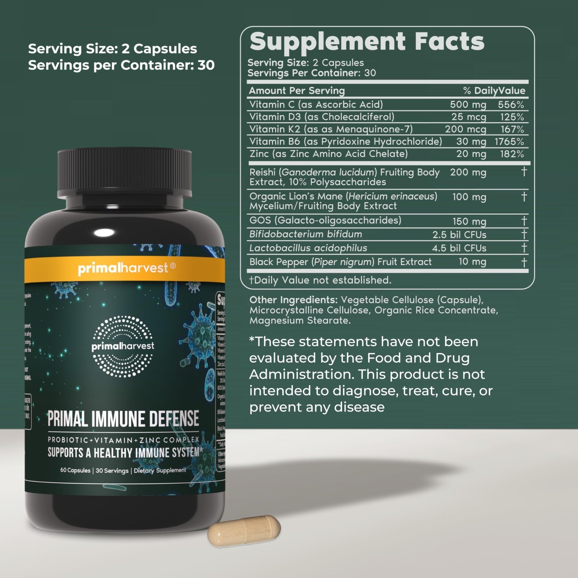 Primal Harvest Immune Defense 10-in-1 Supplement with Probiotics, Zinc, and Vitamins C, D3, K2, B6 Daily Immune Support for Adults - dailyvitalstore
