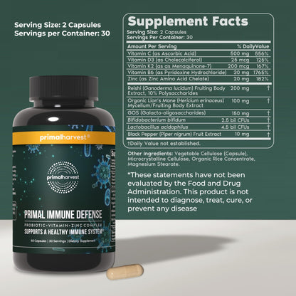 Primal Harvest Immune Defense 10-in-1 Supplement with Probiotics, Zinc, and Vitamins C, D3, K2, B6 Daily Immune Support for Adults - dailyvitalstore