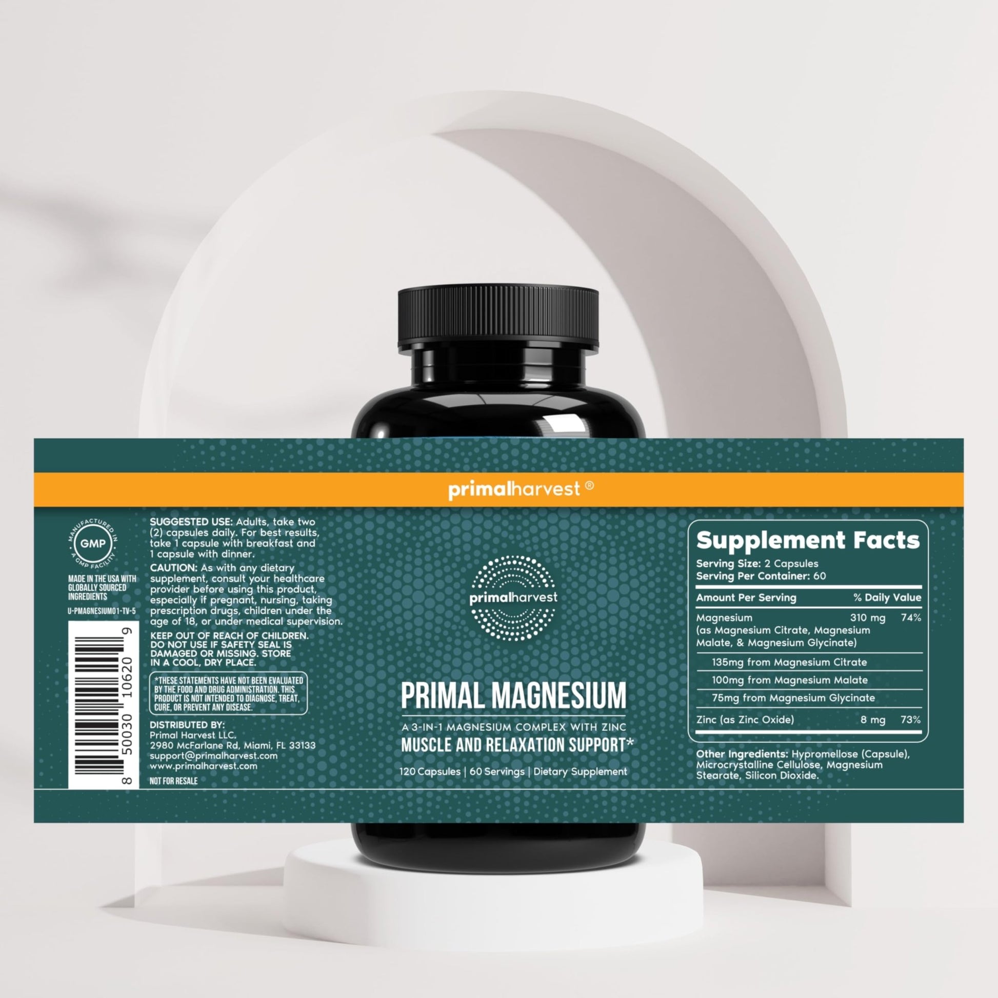 Primal Harvest Magnesium Supplement Complex 310mg by Primal Harvest with Magnesium Glycinate, Citrate, Malate, and Zinc 2 Pack, 240 Capsules - dailyvitalstore