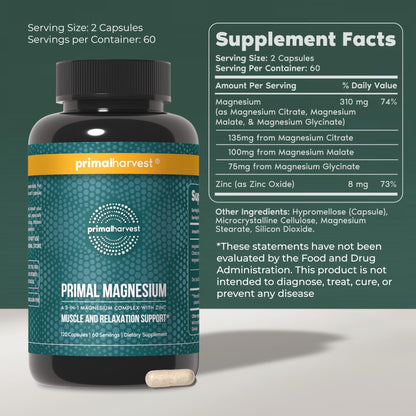 Primal Harvest Magnesium Supplement Complex 310mg by Primal Harvest with Magnesium Glycinate, Citrate, Malate, and Zinc 2 Pack, 240 Capsules - dailyvitalstore
