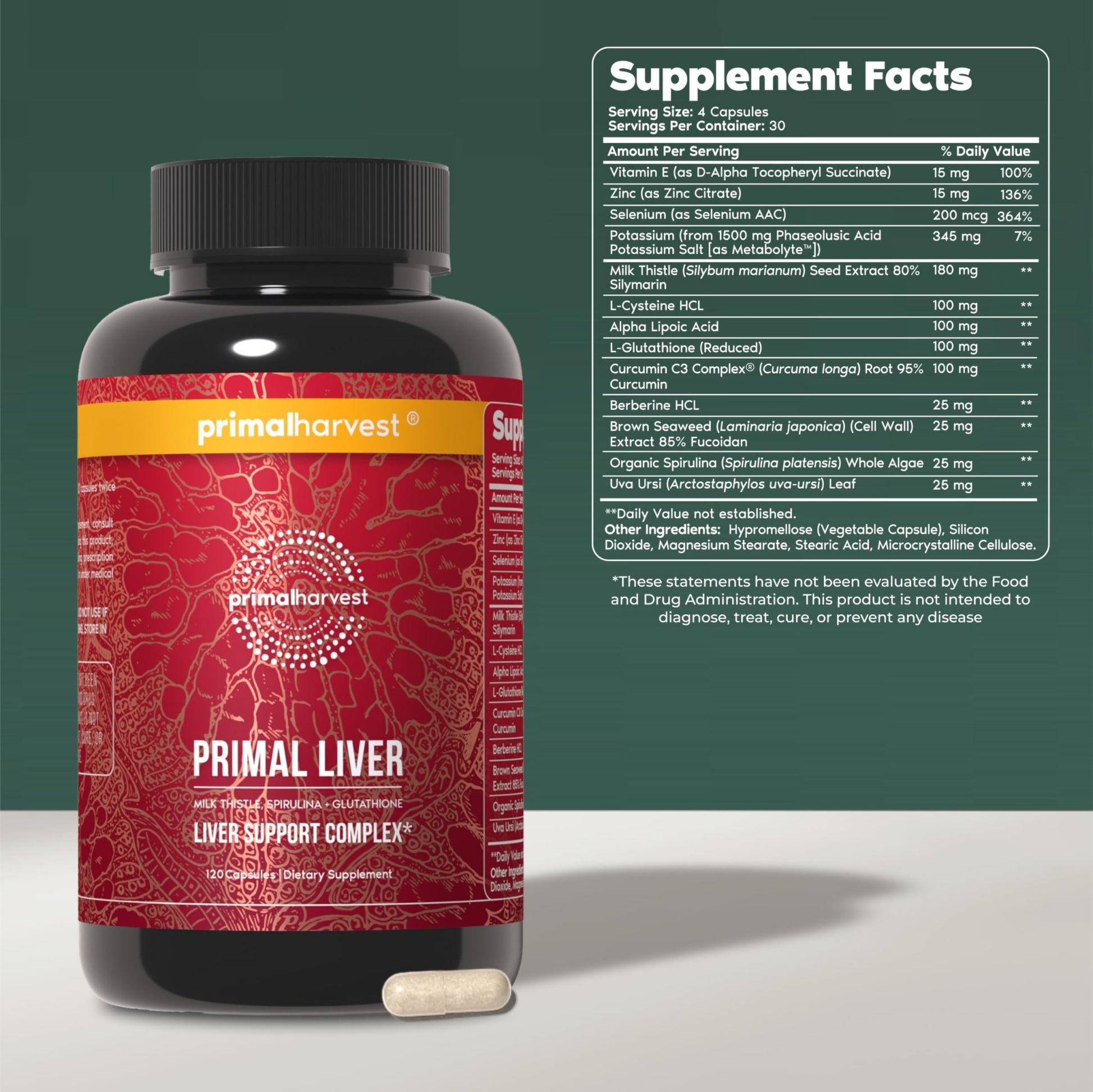 Primal Harvest Primal Liver Liver Supplement with, Alpha-Lipoic Acid, L-Cysteine HCL, L-Glutathione, Milk Thistle, and Spirulina - dailyvitalstore