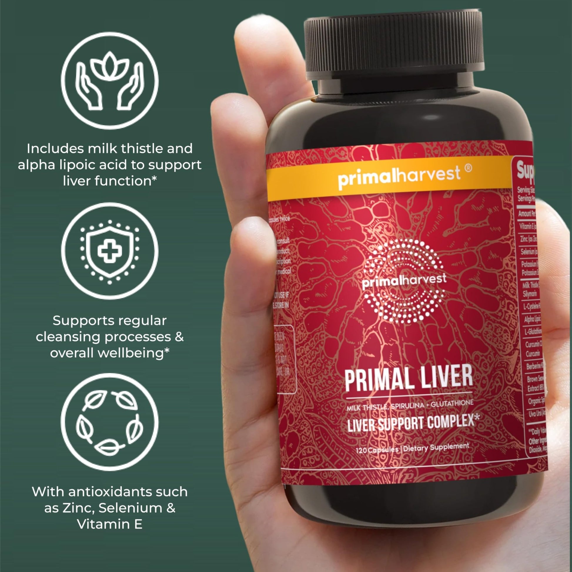 Primal Harvest Primal Liver Liver Supplement with, Alpha-Lipoic Acid, L-Cysteine HCL, L-Glutathione, Milk Thistle, and Spirulina - dailyvitalstore
