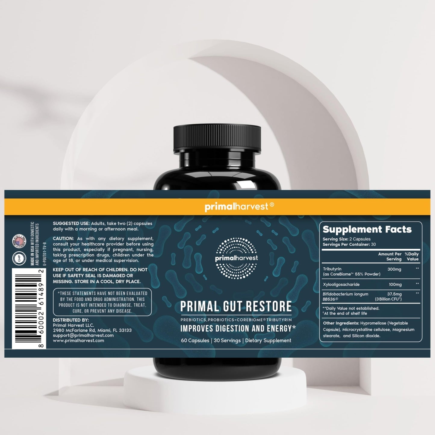 Primal Harvest Restore for Gut Health, Primal Gut Restore w/POSTbiotics, PREbiotics and PRObiotics for Women and Men, 60 CT - Digestion, Colon Cleanse, - dailyvitalstore