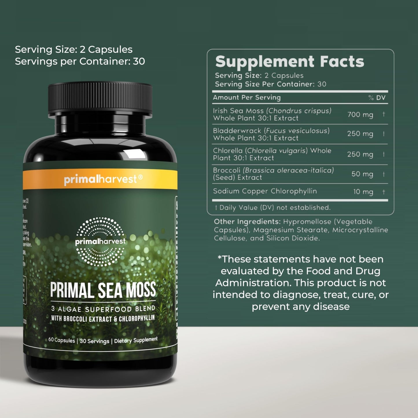 Primal Harvest Sea Moss Capsules with Bladderwack and Irish Sea Moss, Chlorella, Broccoli Seed Extract Plant-Based Supplements for Adults - dailyvitalstore