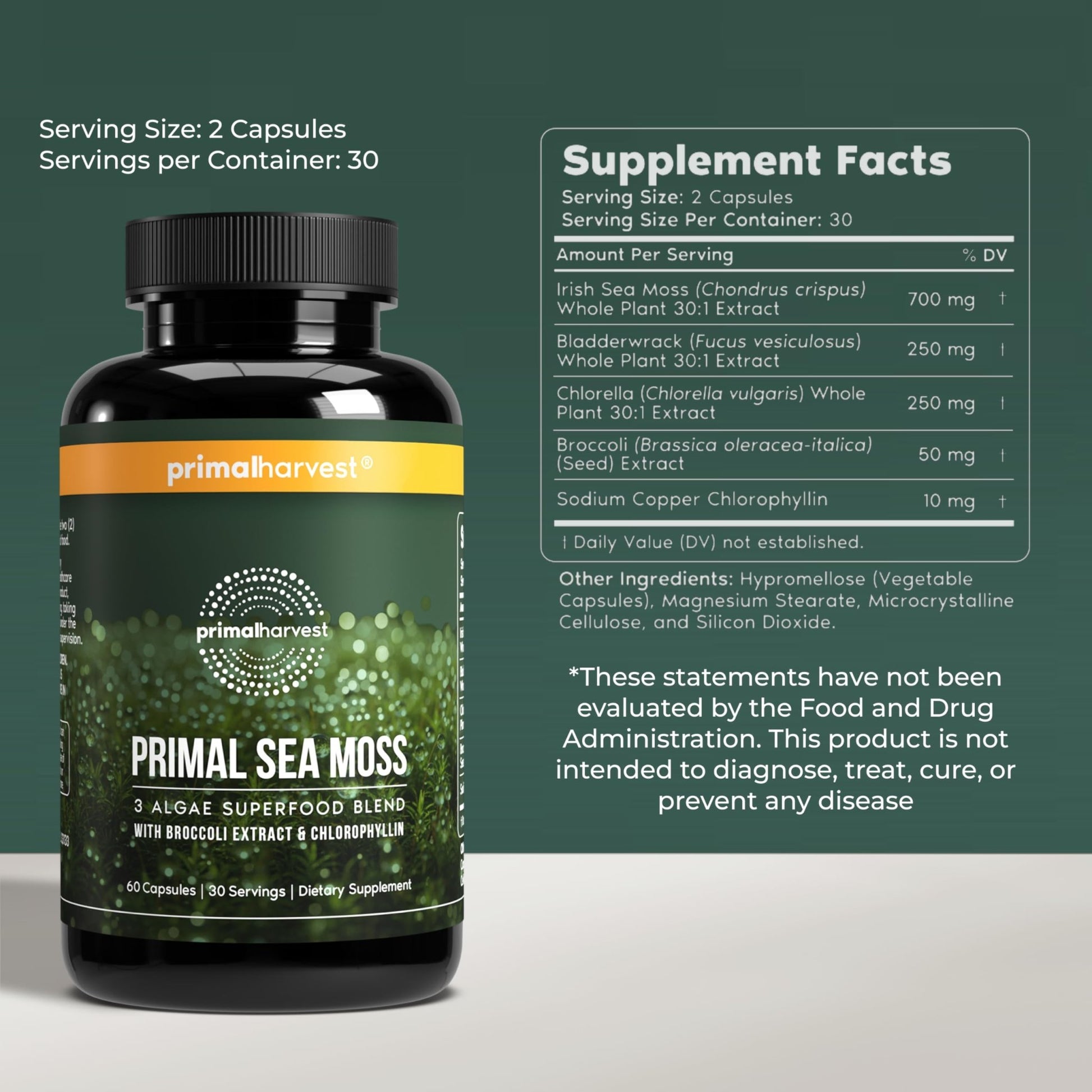 Primal Harvest Sea Moss Capsules with Bladderwack and Irish Sea Moss, Chlorella, Broccoli Seed Extract Plant-Based Supplements for Adults - dailyvitalstore