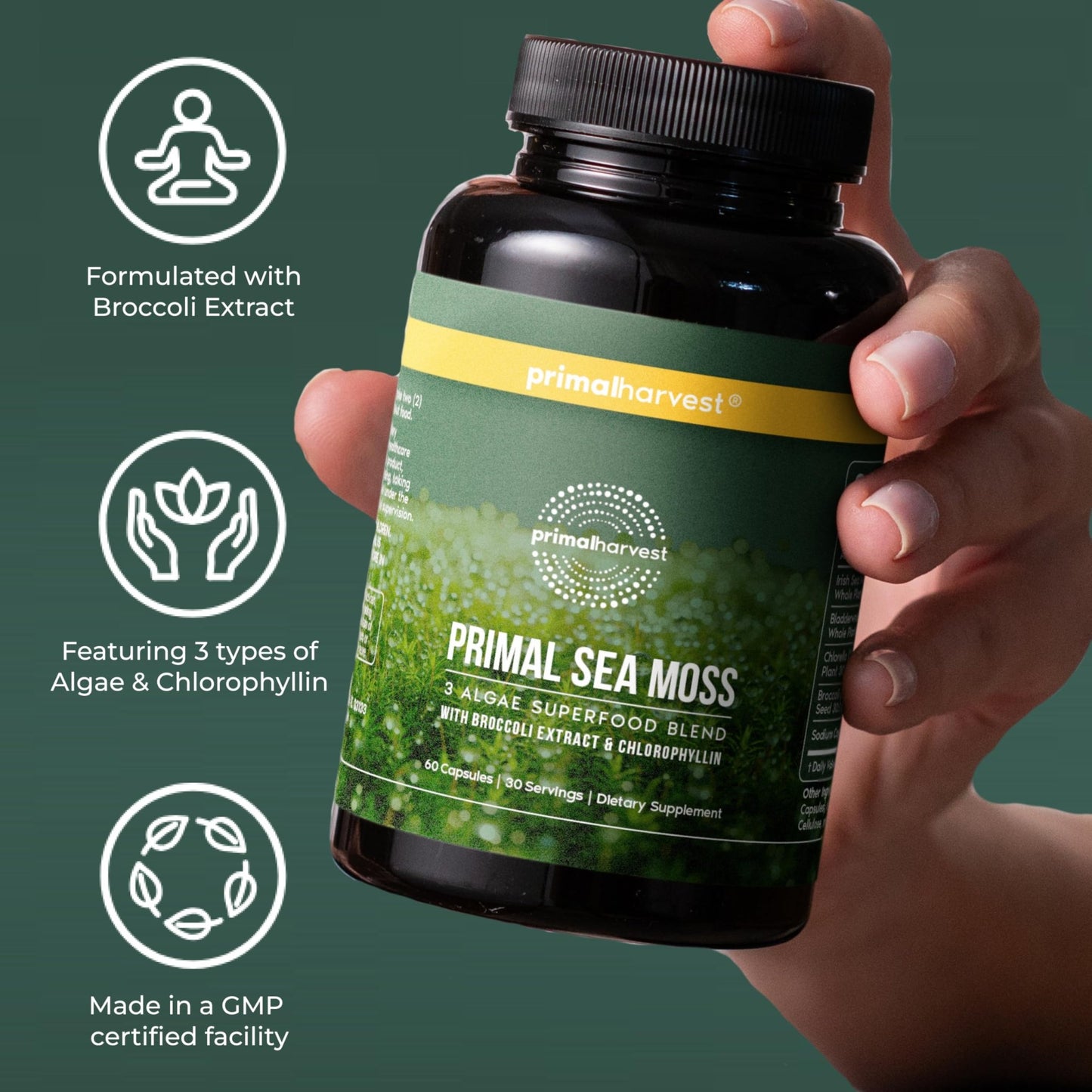 Primal Harvest Sea Moss Capsules with Bladderwack and Irish Sea Moss, Chlorella, Broccoli Seed Extract Plant-Based Supplements for Adults - dailyvitalstore