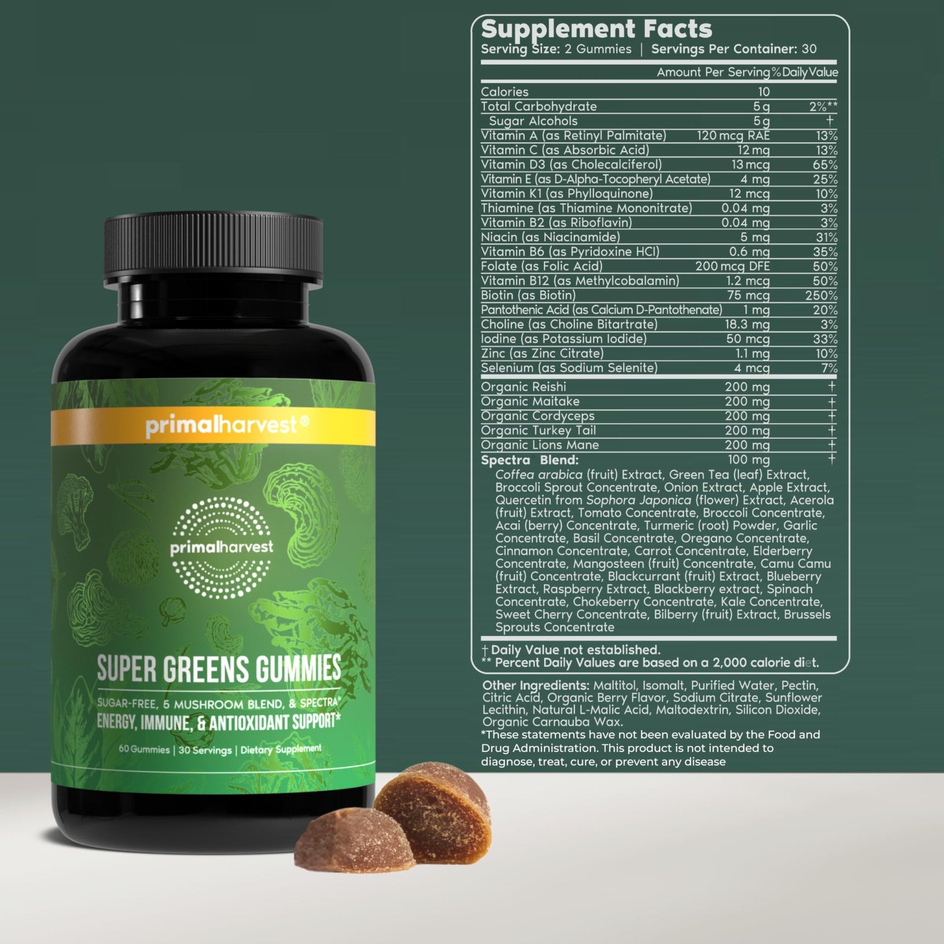 Primal Harvest Super Greens Gummies, Superfood Blend with Adaptogenic Mushrooms Vitamins & Nutrient-Rich Minerals & Antioxidants for Energy & Immune Support 1 Pack 60 Count, - dailyvitalstore