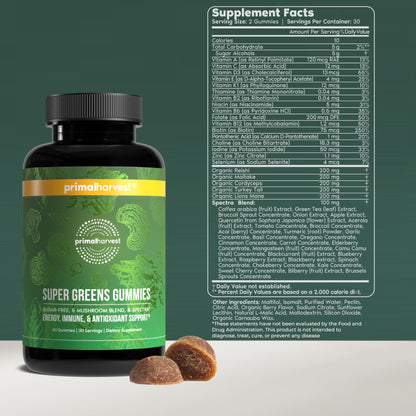Primal Harvest Super Greens Gummies, Superfood Blend with Adaptogenic Mushrooms Vitamins & Nutrient-Rich Minerals & Antioxidants for Energy & Immune Support 1 Pack 60 Count, - dailyvitalstore