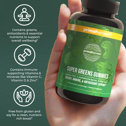Primal Harvest Super Greens Gummies, Superfood Blend with Adaptogenic Mushrooms Vitamins & Nutrient-Rich Minerals & Antioxidants for Energy & Immune Support 1 Pack 60 Count, - dailyvitalstore