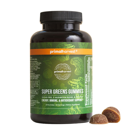 Primal Harvest Super Greens Gummies, Superfood Blend with Adaptogenic Mushrooms Vitamins & Nutrient-Rich Minerals & Antioxidants for Energy & Immune Support 1 Pack 60 Count, - dailyvitalstore