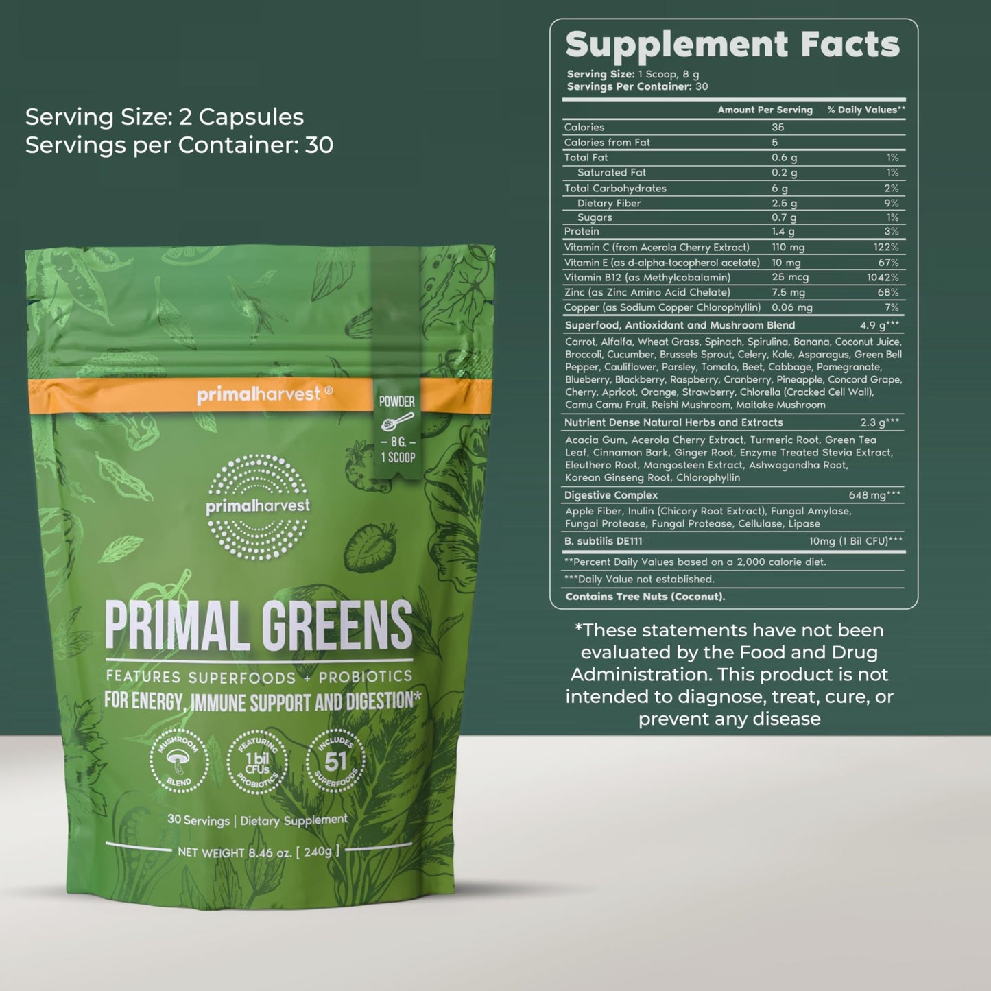 Primal Harvest Super Greens Powder, 30 Servings w/+50 Greens Superfood Chlorella, Probiotics, Green Tea, Wheatgrass, - dailyvitalstore