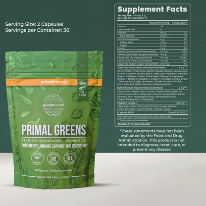 Primal Harvest Super Greens Powder, 30 Servings w/+50 Greens Superfood Chlorella, Probiotics, Green Tea, Wheatgrass, - dailyvitalstore