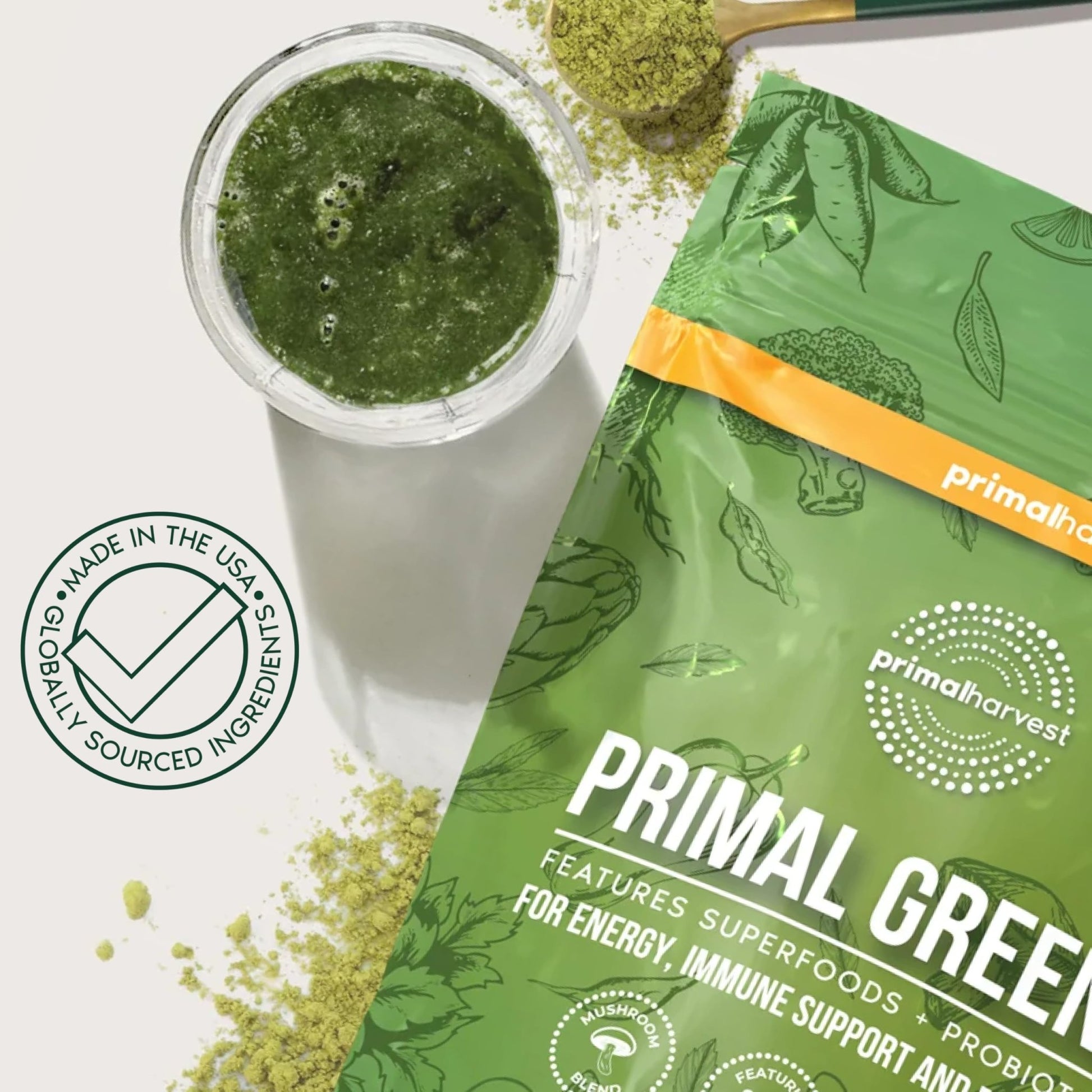 Primal Harvest Super Greens Powder, 30 Servings w/+50 Greens Superfood Chlorella, Probiotics, Green Tea, Wheatgrass, - dailyvitalstore