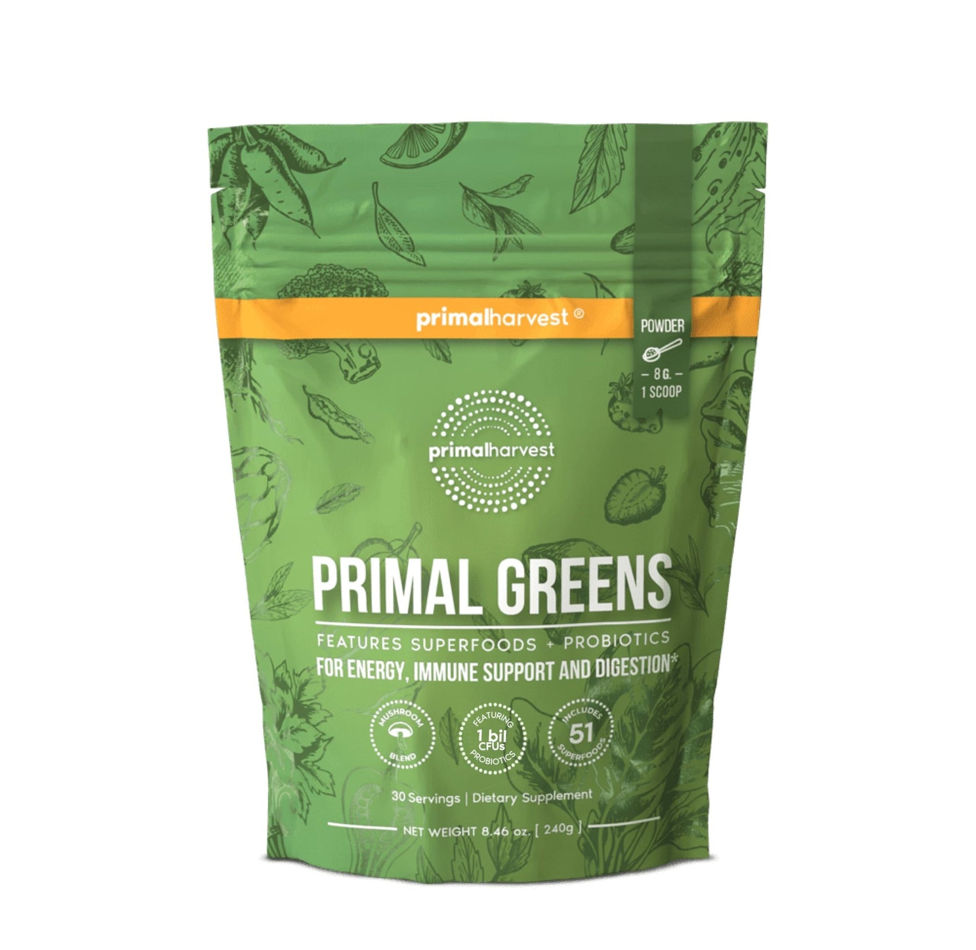 Primal Harvest Super Greens Powder, 30 Servings w/+50 Greens Superfood Chlorella, Probiotics, Green Tea, Wheatgrass, - dailyvitalstore