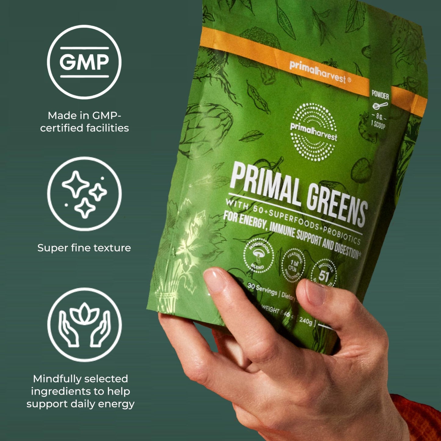 Primal Harvest Super Greens Powder, 30 Servings w/+50 Greens Superfood Chlorella, Probiotics, Green Tea, Wheatgrass, - dailyvitalstore