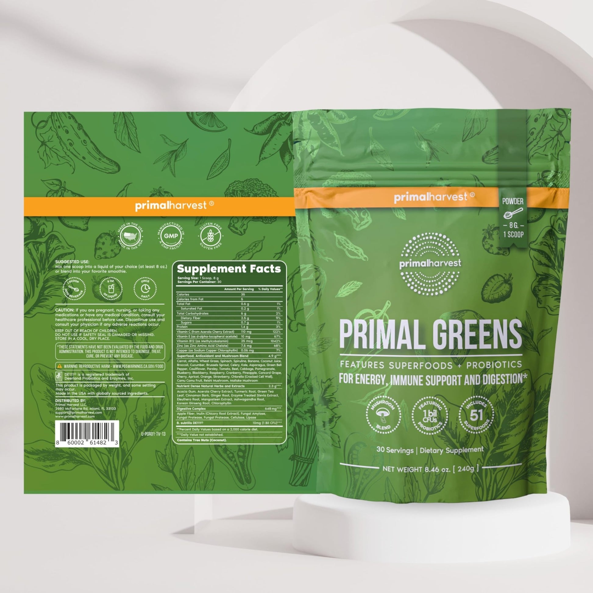 Primal Harvest Super Greens Powder, 30 Servings w/+50 Greens Superfood Chlorella, Probiotics, Green Tea, Wheatgrass, - dailyvitalstore