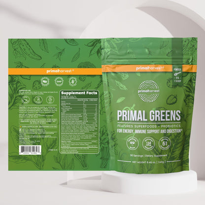 Primal Harvest Super Greens Powder, 30 Servings w/+50 Greens Superfood Chlorella, Probiotics, Green Tea, Wheatgrass, - dailyvitalstore