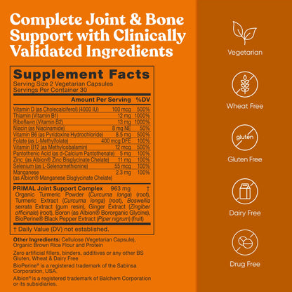 Primal Joint & Mobility Support - Advanced Joint Support Supplement for Women and Men - Turmeric, Boswellia, Ginger and Boron for Whole-Body Flexibility, Joint Health & Comfort - 60 Veg Soft Capsules - dailyvitalstore