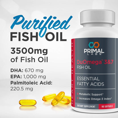 Primal Labs DuOmega 3&7 Fish Oil Supplement with Omega 3 and Omega 7, 90 Count Capsules - dailyvitalstore