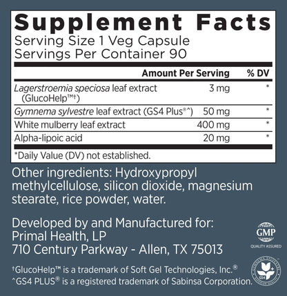Primal Labs GlucoBurn Support Supplement with White Mulberry Leaf Extract and Alpha Lipoic Acid, 90 Veg capsules - dailyvitalstore