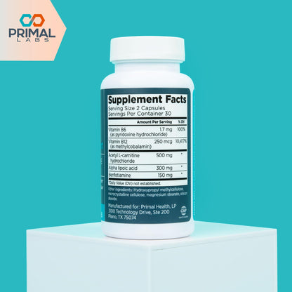 Primal Labs Nerve Support Capsules - Supports Nerve Health, Sensory Function & Comfort - Benfotiamine, Alpha Lipoic Acid, Acetyl L-Carnitine, Vitamins B6 B12-60 Count - dailyvitalstore