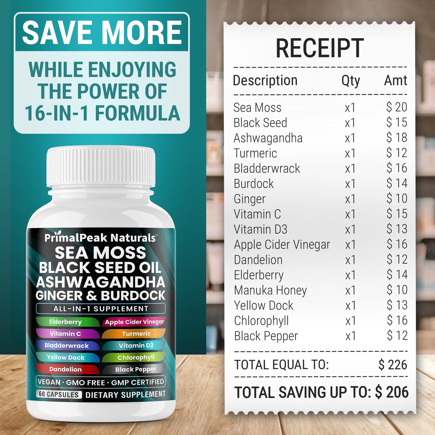 PrimalPeak Naturals Sea Moss Black Seed Oil Ashwagandha Ginger Burdock Bladderwrack Turmeric & Vitamin C Vitamin D3 with ACV Elderberry Chlorophyll Dandelion Yellow Dock Vegan Capsules - 60 Count - dailyvitalstore