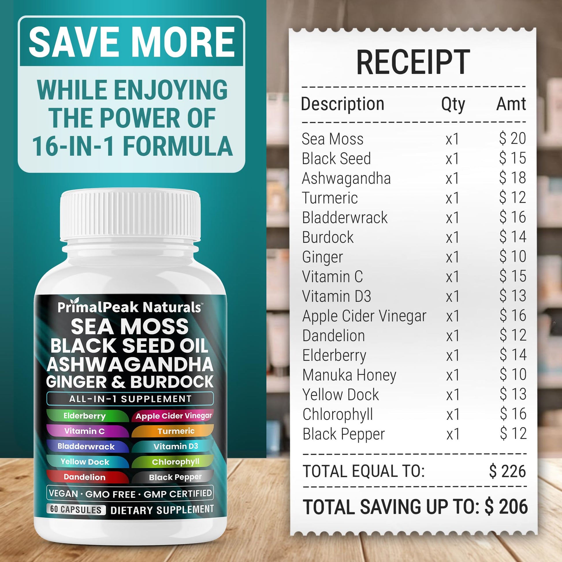 PrimalPeak Naturals Sea Moss Black Seed Oil Ashwagandha Ginger Burdock Bladderwrack Turmeric & Vitamin C Vitamin D3 with ACV Elderberry Chlorophyll Dandelion Yellow Dock Vegan Capsules - 60 Count - dailyvitalstore
